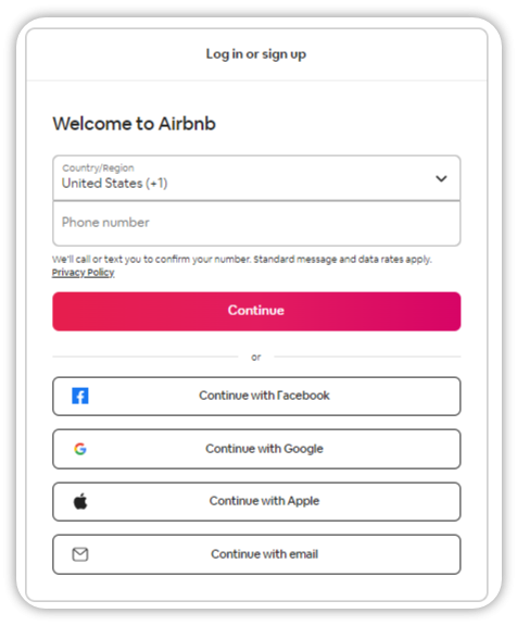 Airbnb sign up form.