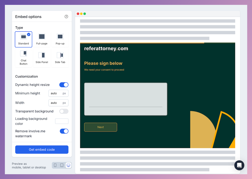 involve.me embed preview of an e-signature form.