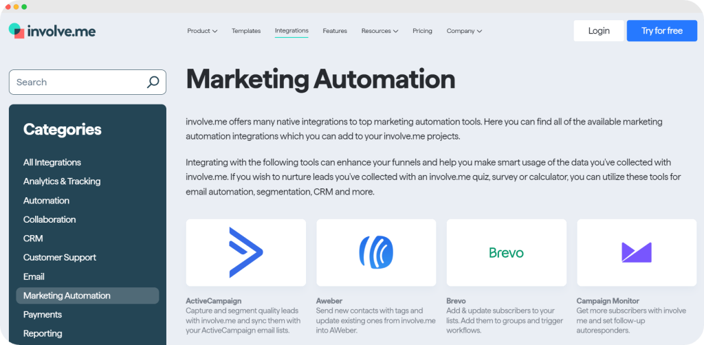 Involve.me's integration page.