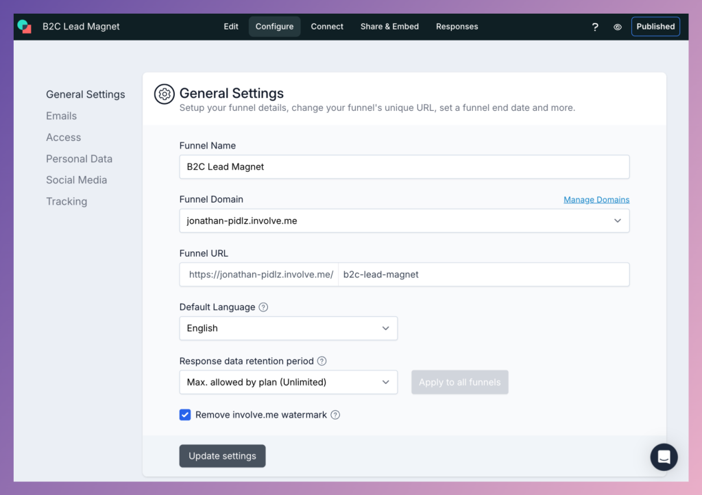 involve.me configure general settings.