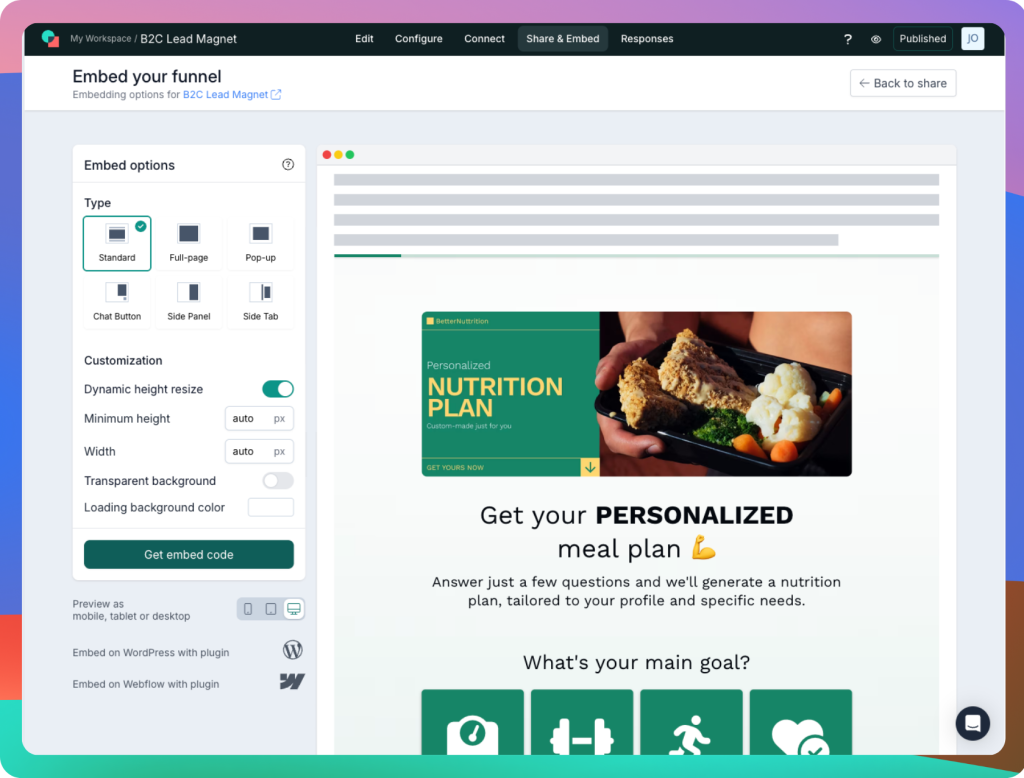 involve.me embedding options.