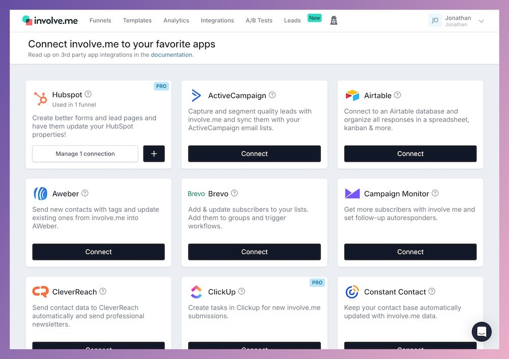 list of involve.me integrations.