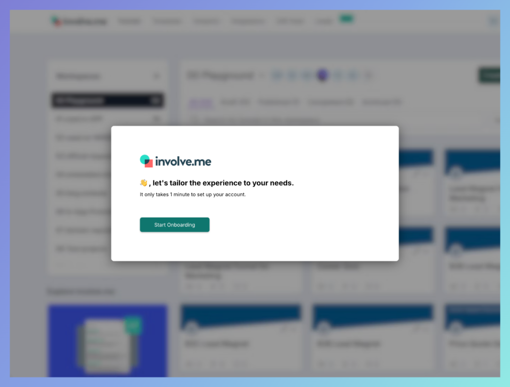 involve.me onboarding survey popup.