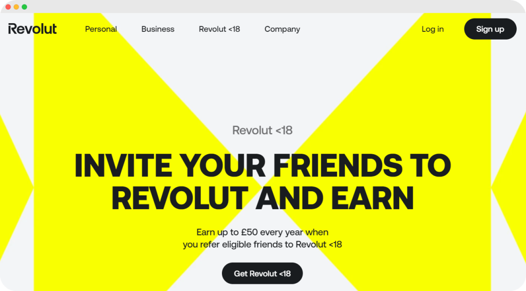 Revolut promotion inviting users to refer friends to Revolut and earn rewards.