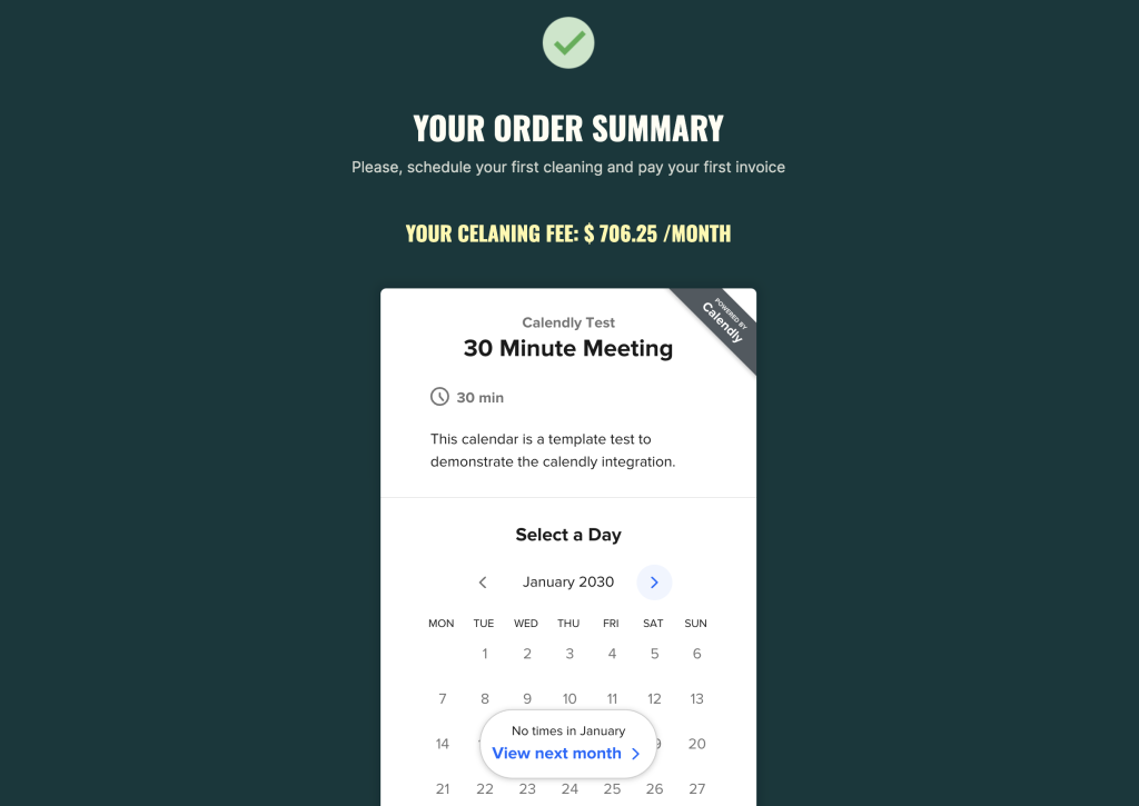 Order form summary page with a price for a cleaning service order and a scheduling option for first service visit.