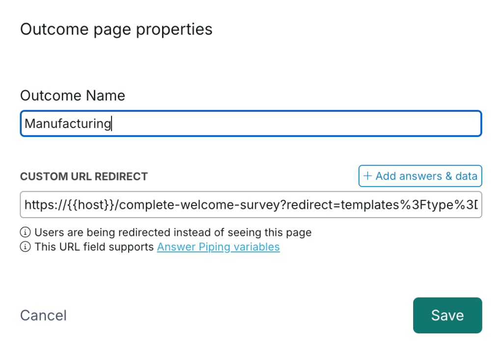 outcome page properties.